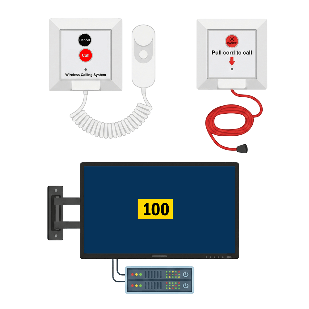 biptip nurse calling devices — bedside unit, pull cord, and nurse station